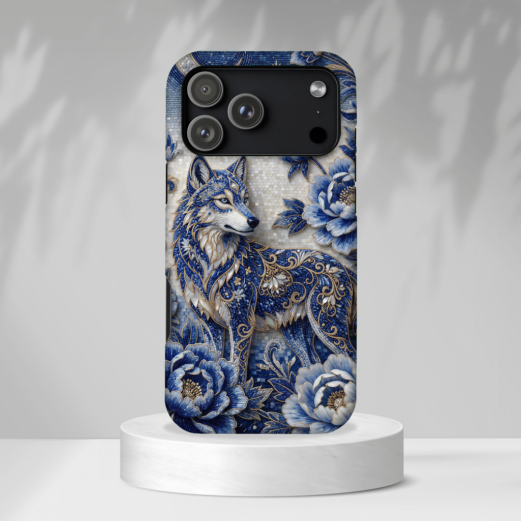 Blue Floral Wolf Tough iPhone Case | Moonlit Wolf Protective Cover