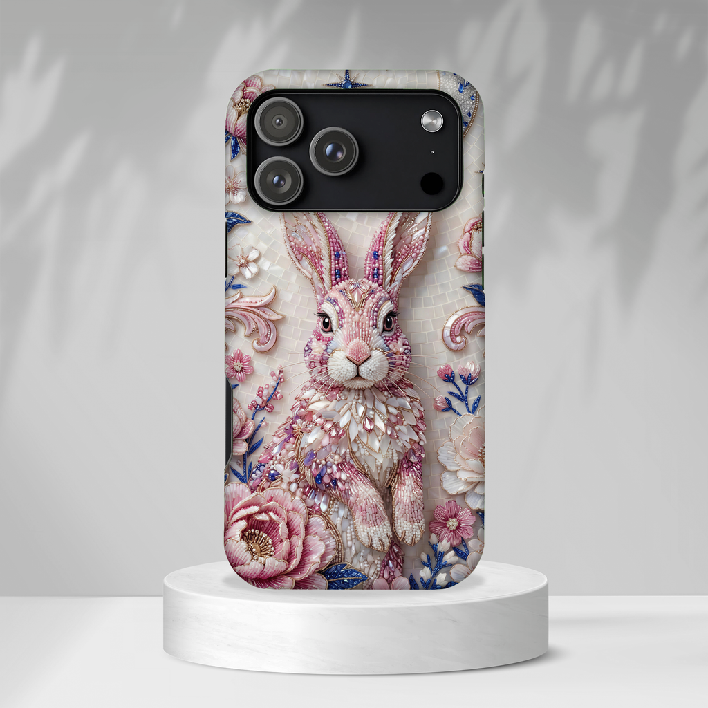 Floral Moon Rabbit Tough iPhone Case | Pink Boho Bunny Protective Cover