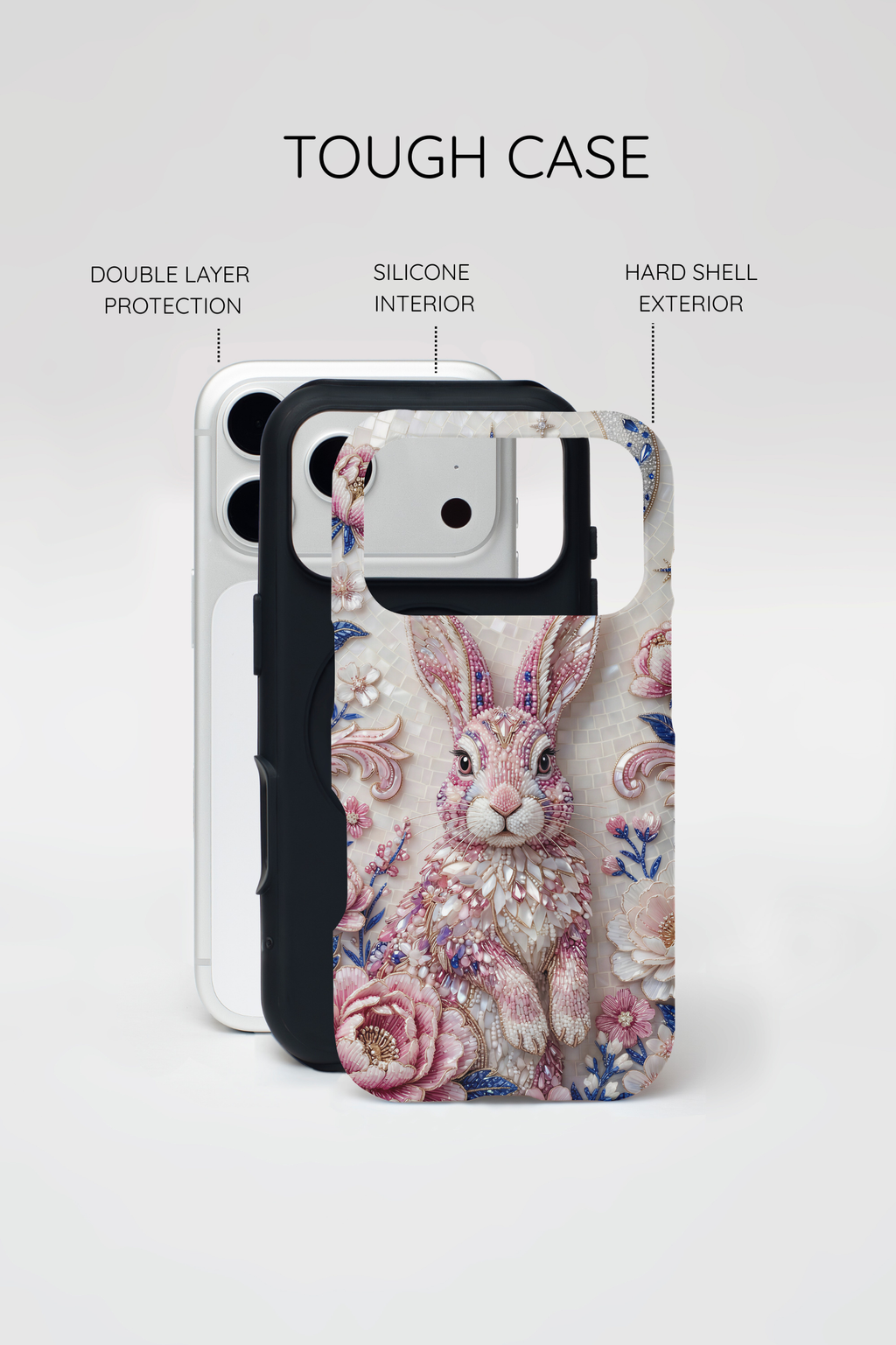 Floral Moon Rabbit Tough iPhone Case | Pink Boho Bunny Protective Cover