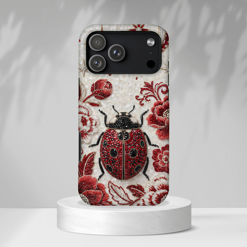 Cover iPhone Floreale Coccinella | Custodia Protettiva Rigida Vintage con Maggiolino Rosso