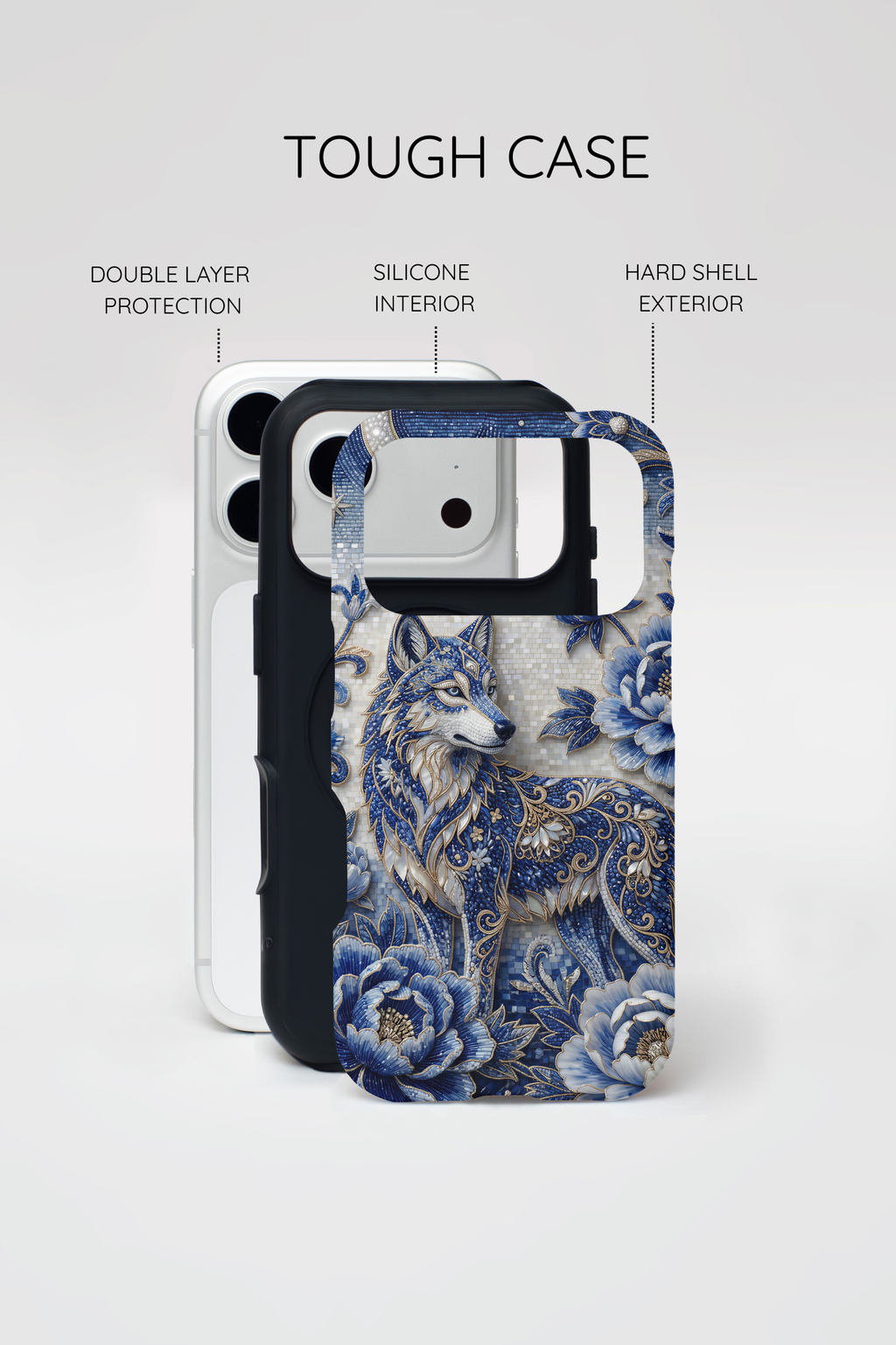 Blue Floral Wolf Tough MagSafe iPhone Case | Moonlit Wolf Protective Cover