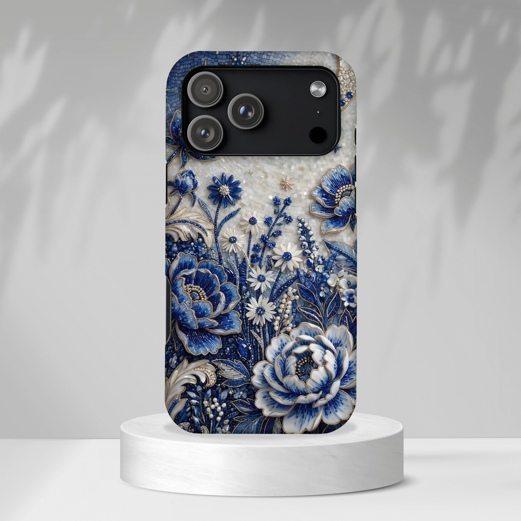 Blue Floral Moon MagSafe iPhone Case | Vintage Botanical Night Sky Protective Case