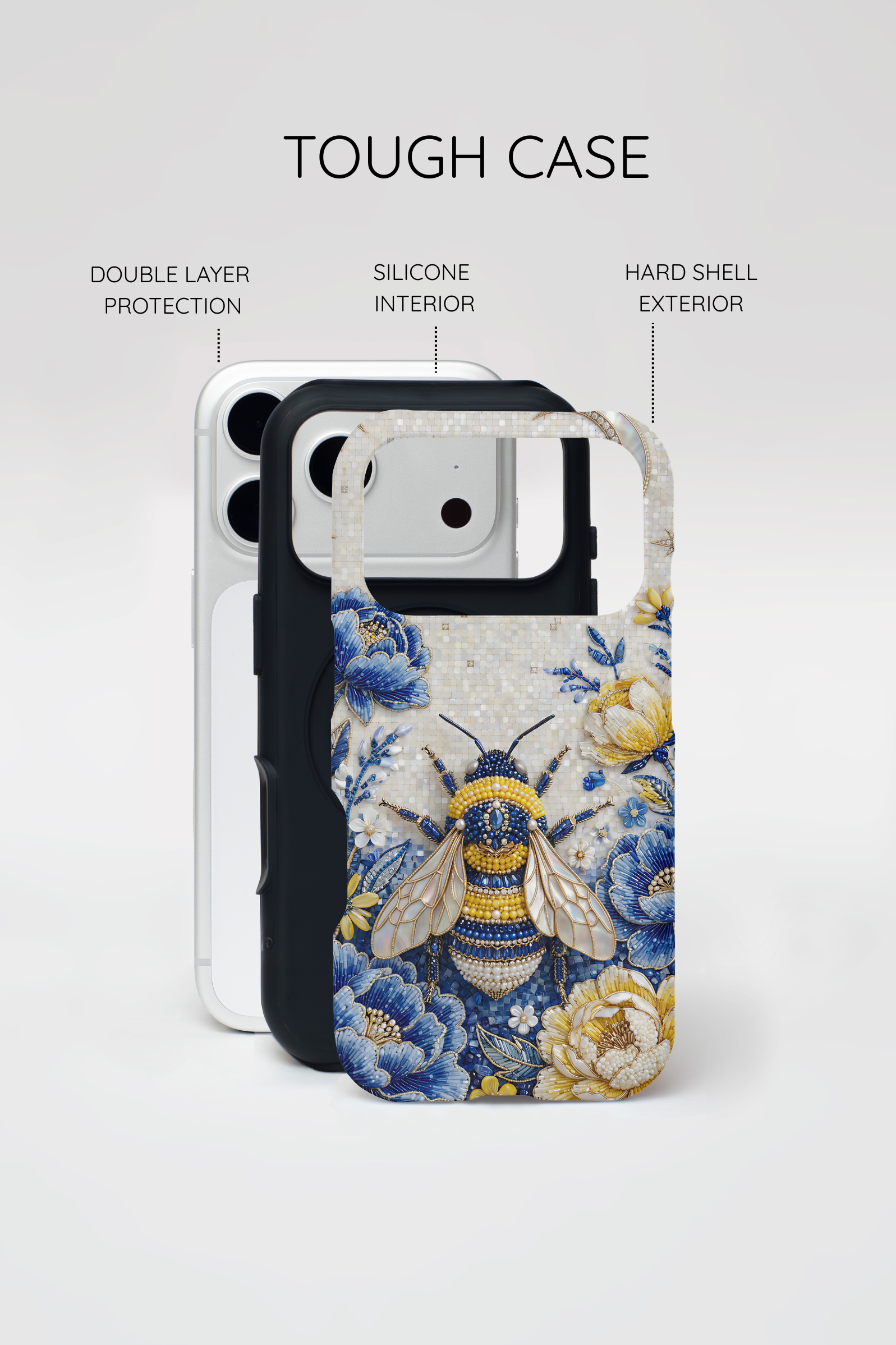 Floral Bee Tough MagSafe iPhone Case | Blue & Yellow Moon Garden Design