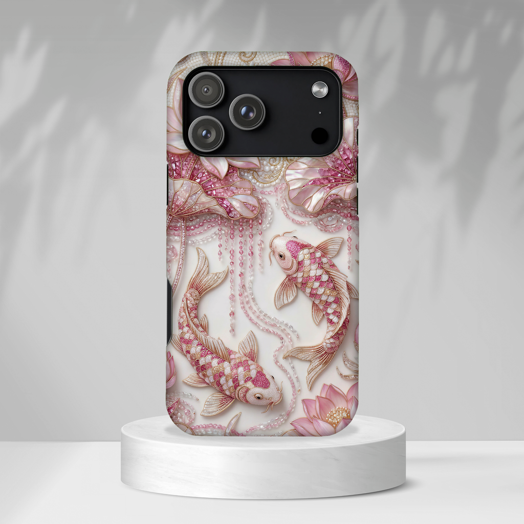 Custodia rigida Koi Lotus — Cover iPhone con pesci floreali rosa