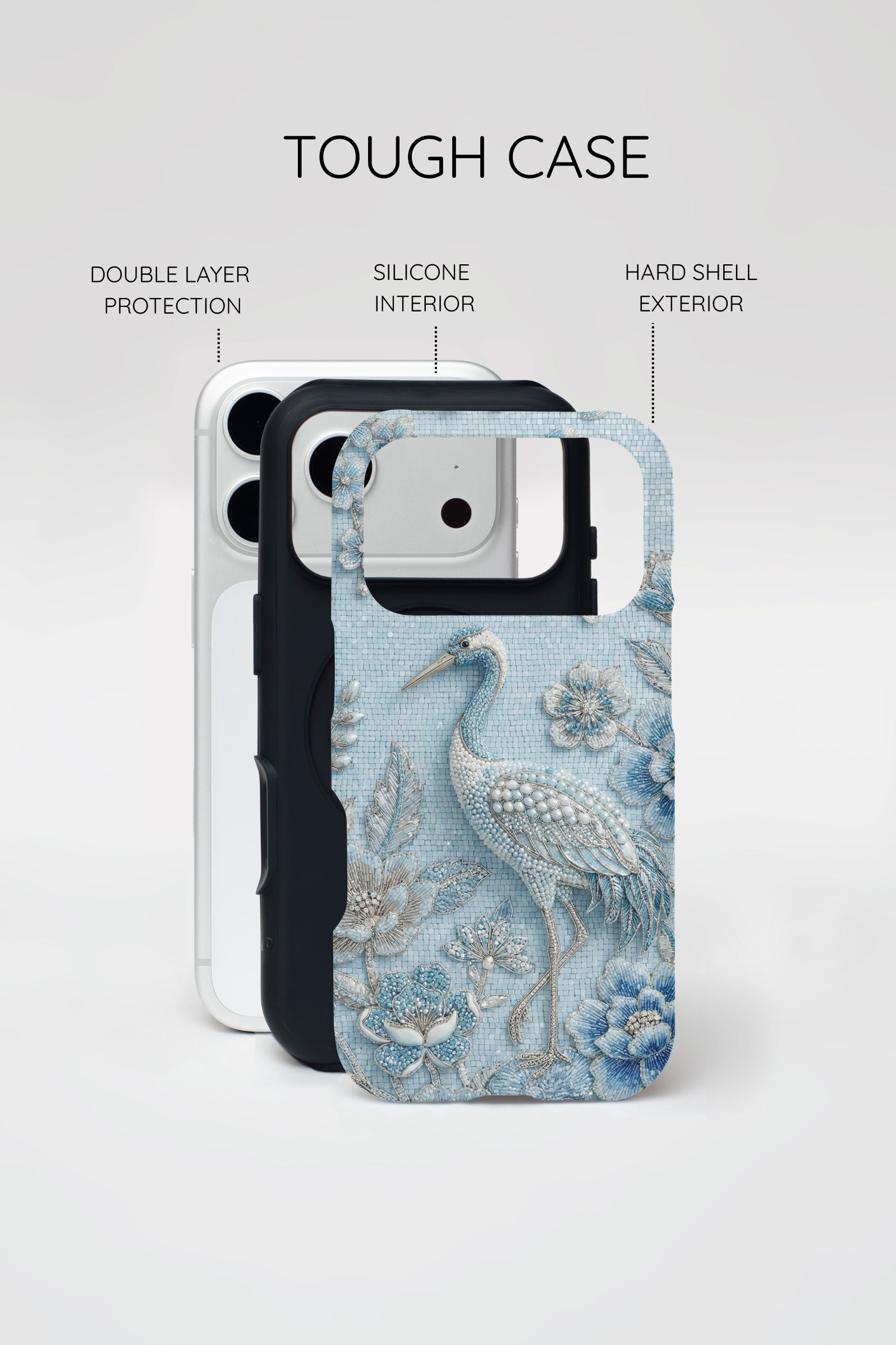 Blue Crane Floral iPhone Case | Vintage Embossed Bird Design