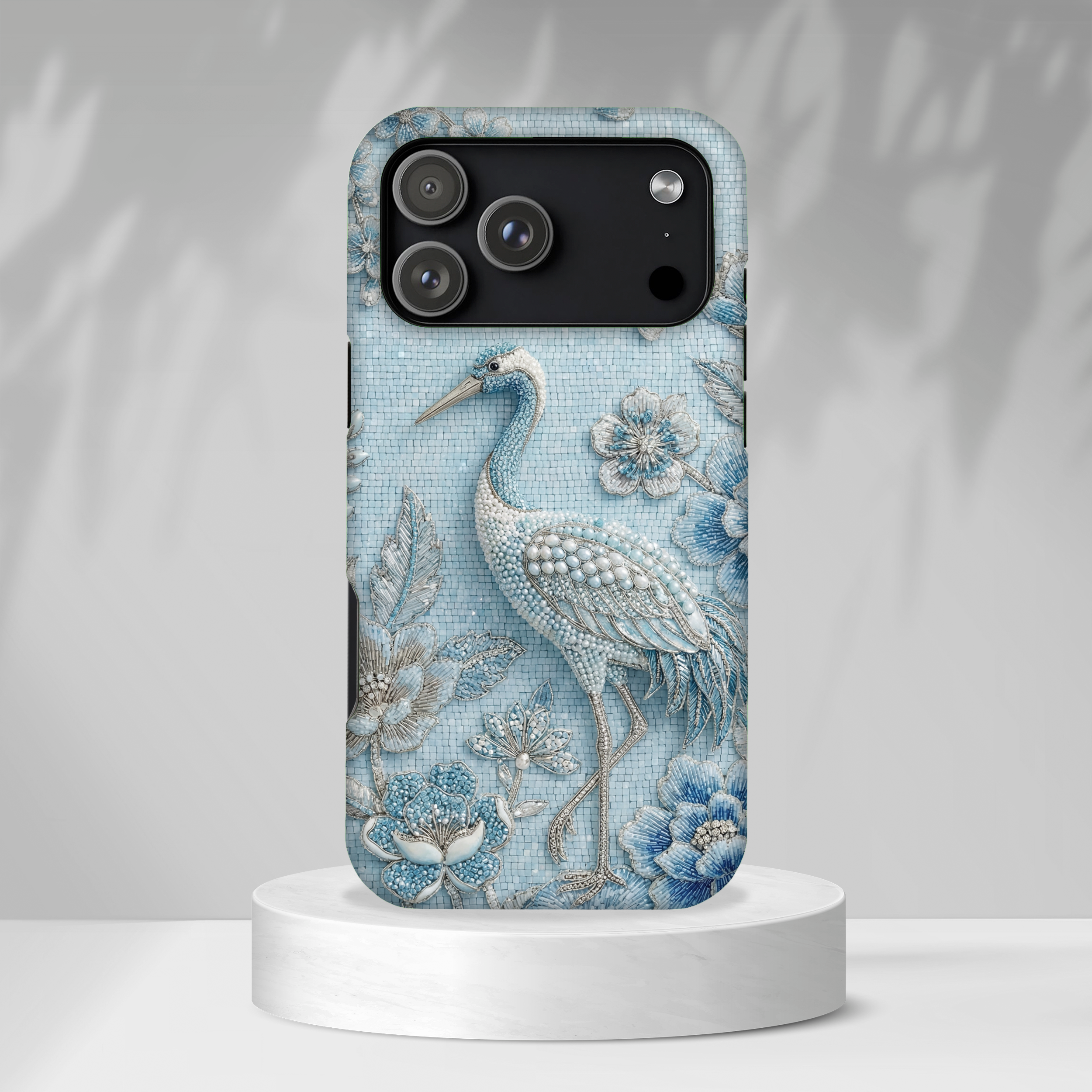 Blue Crane Floral iPhone Case | Vintage Embossed Bird Design