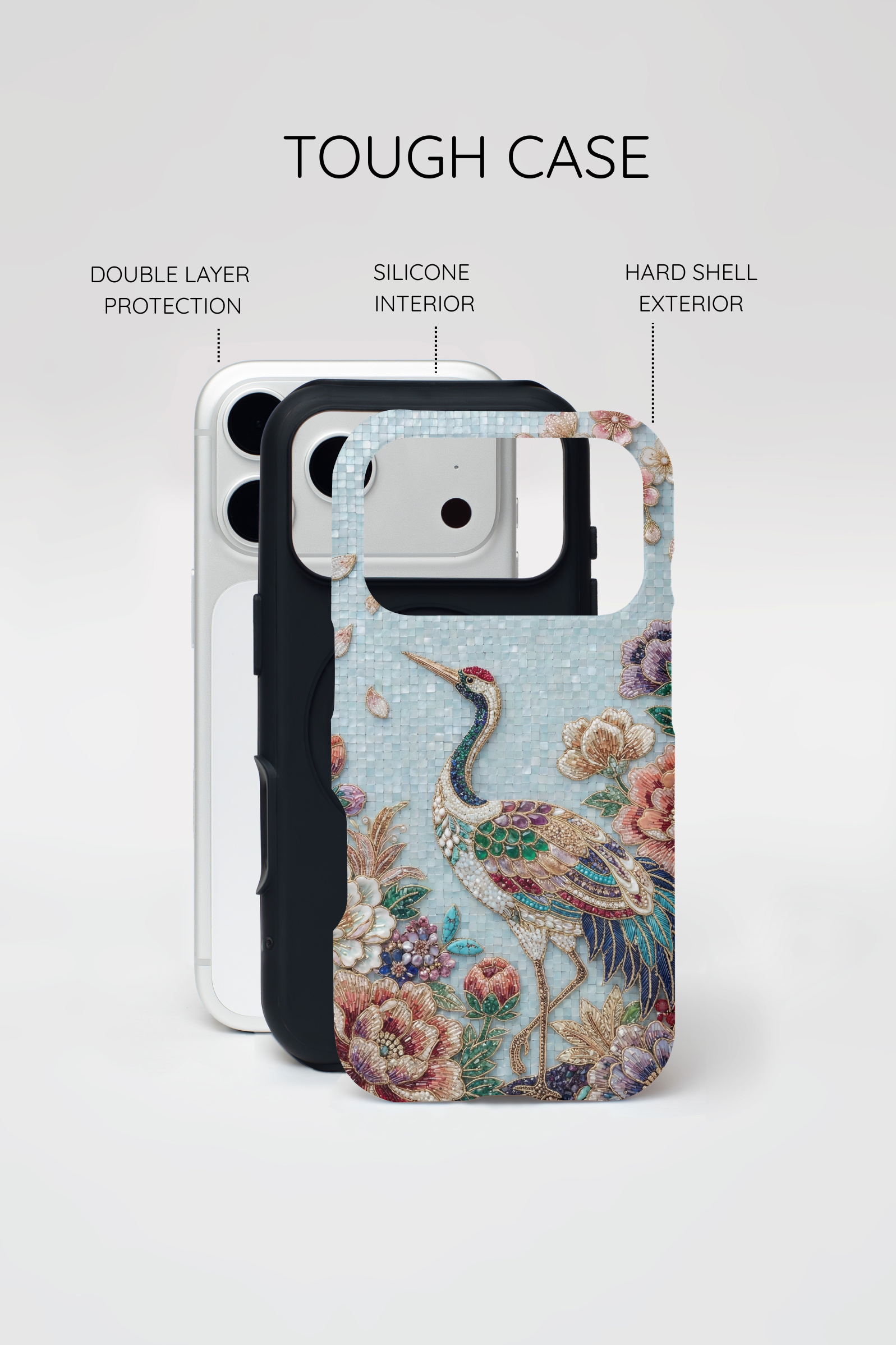 Floral Crane Tough MagSafe iPhone Case | Vintage Embroidered Bird Protection