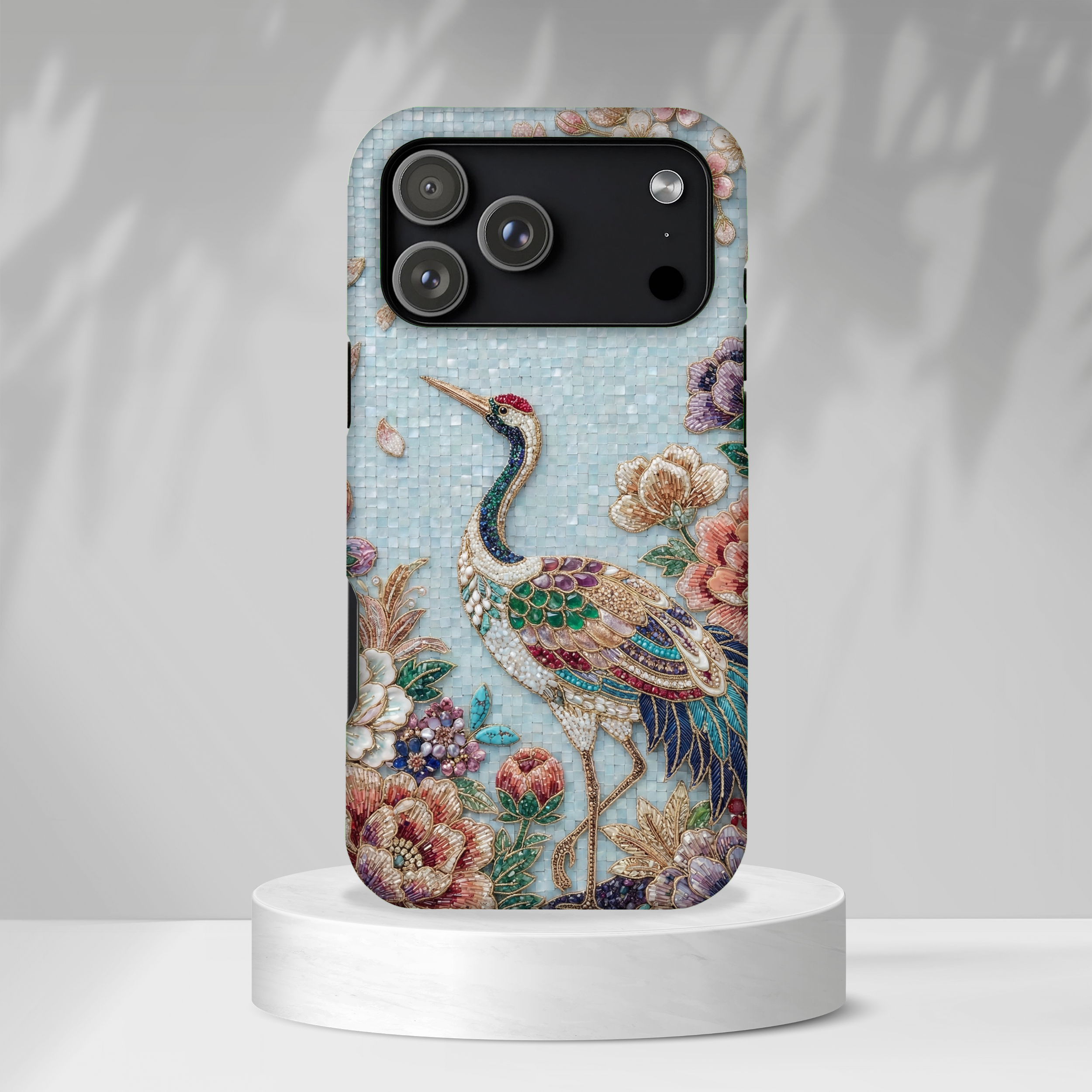 Floral Crane Tough MagSafe iPhone Case | Vintage Embroidered Bird Protection