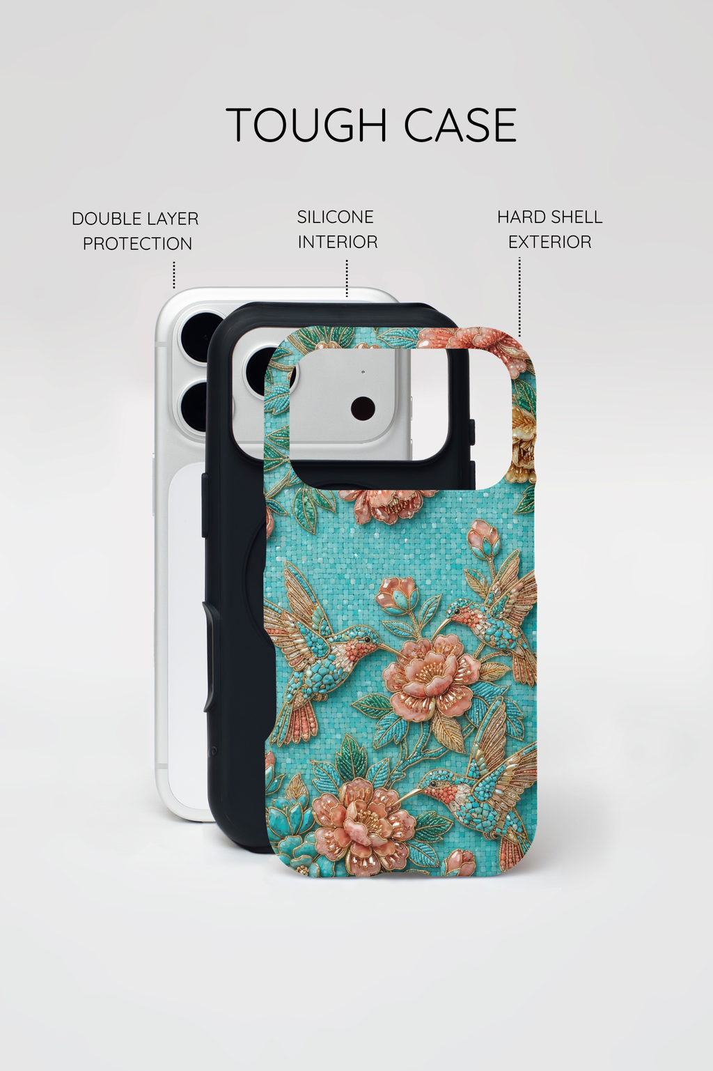 Floral Hummingbird Tough iPhone Case | Turquoise Embroidered Garden Design