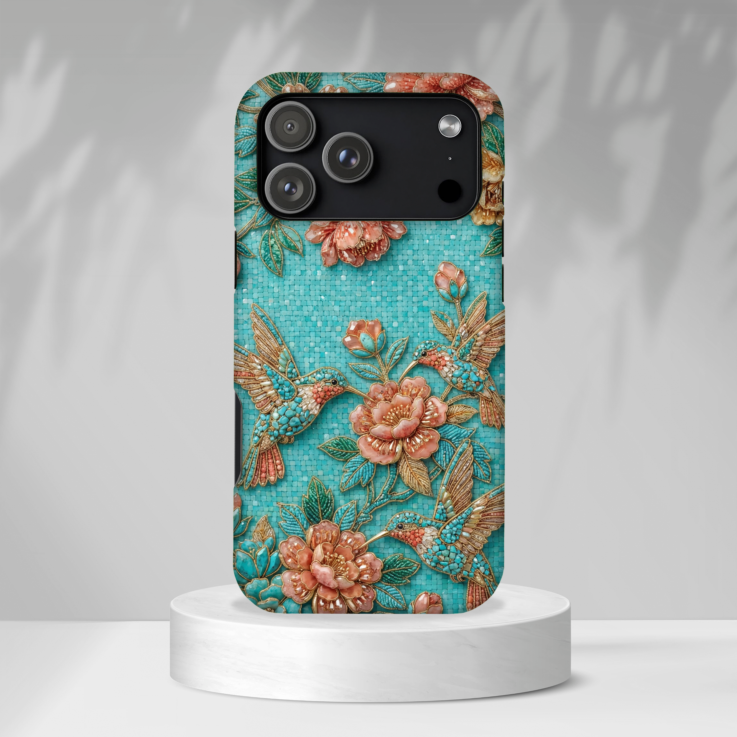 Floral Hummingbird Tough iPhone Case | Turquoise Embroidered Garden Design