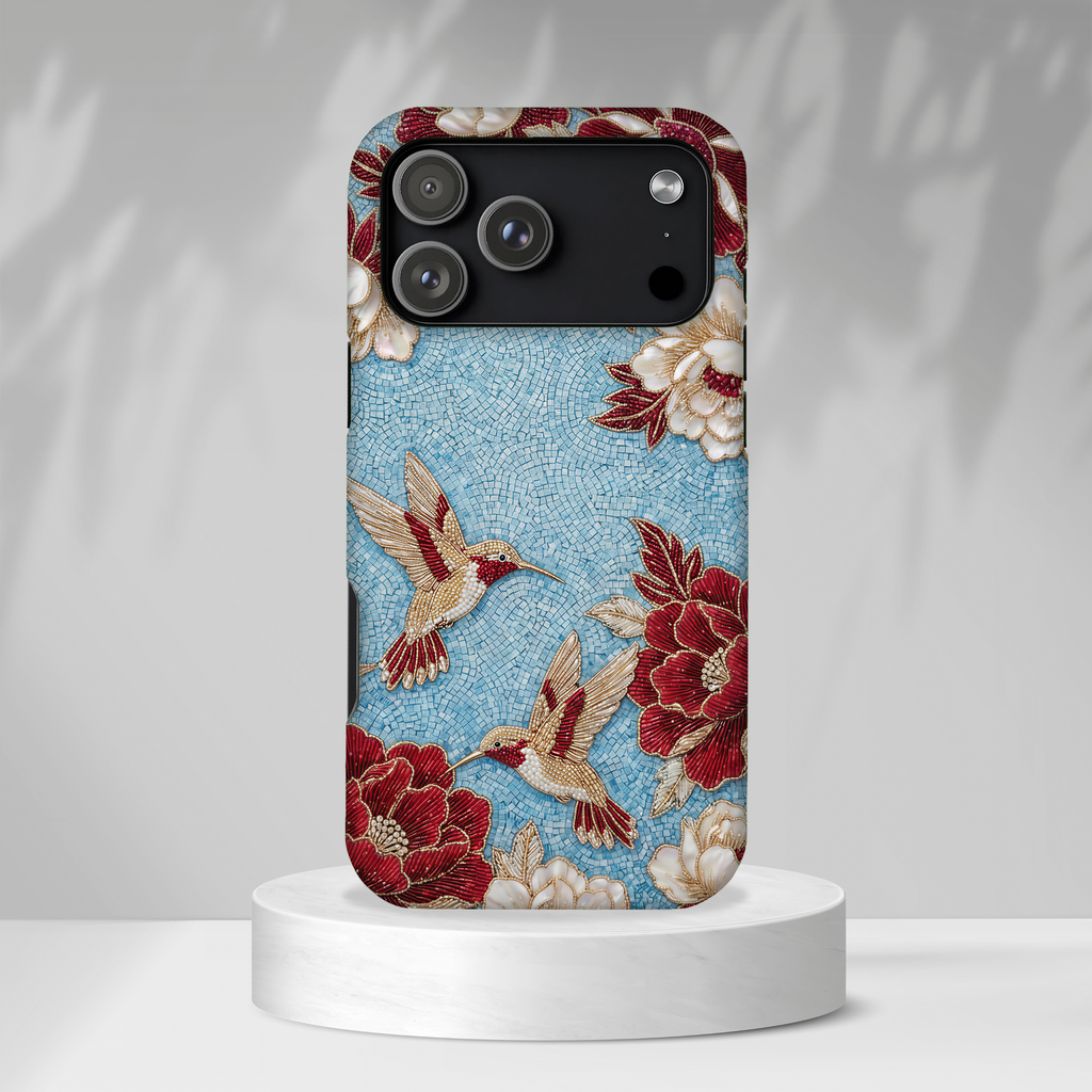 Custodia resistente per iPhone Colibrì floreale | Design botanico vintage blu e bordeaux