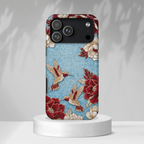 Custodia resistente per iPhone Colibrì floreale | Design botanico vintage blu e bordeaux