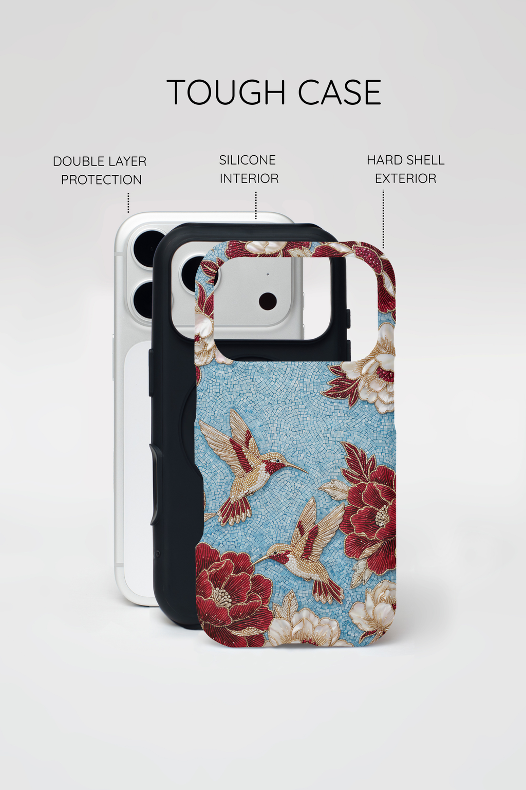 Custodia resistente per iPhone Colibrì floreale | Design botanico vintage blu e bordeaux