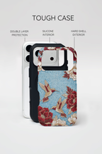 Custodia resistente per iPhone Colibrì floreale | Design botanico vintage blu e bordeaux