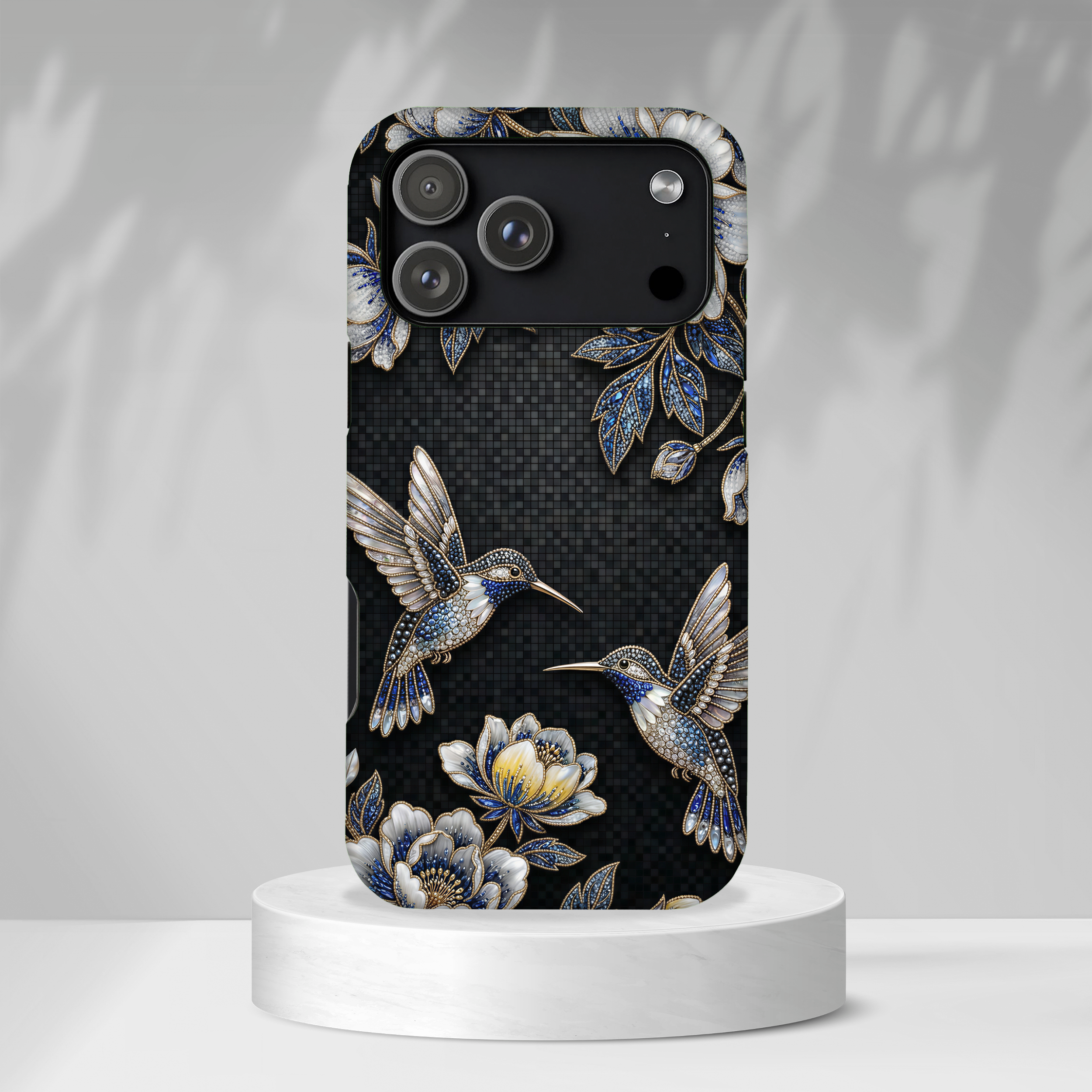 Hummingbird & Peony Floral iPhone Case | Elegant Black Protective Cover