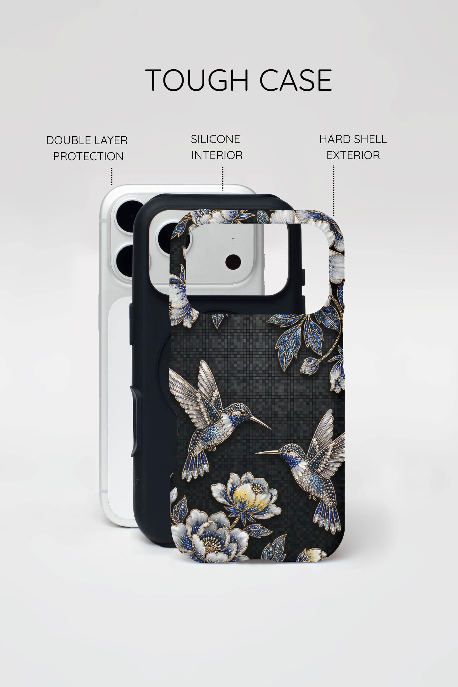 Hummingbird & Peony Floral MagSafe iPhone Case | Elegant Black Protective Cover