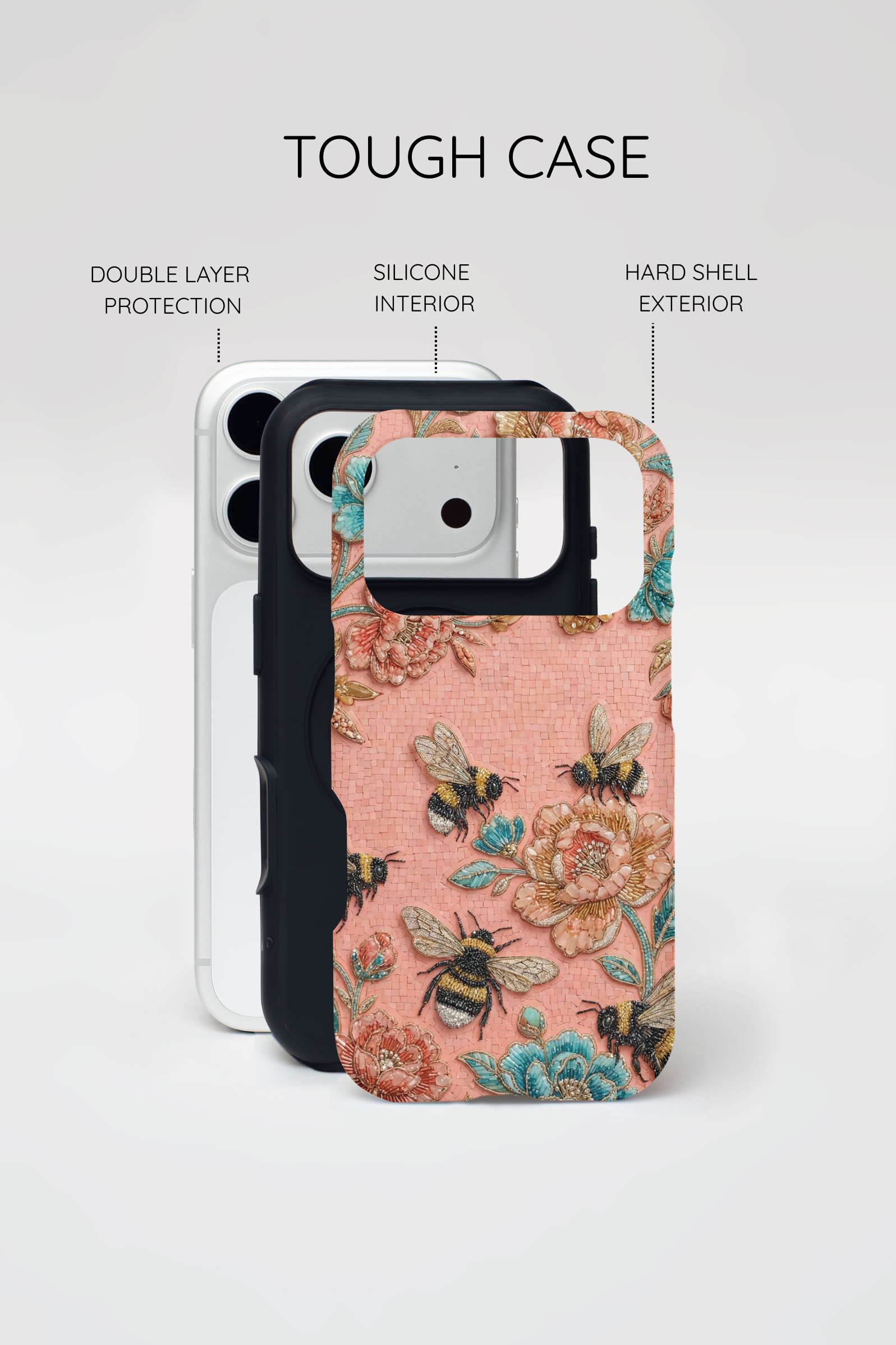 Floral Bee Tough iPhone Case | Vintage Pink Garden Protective Cover
