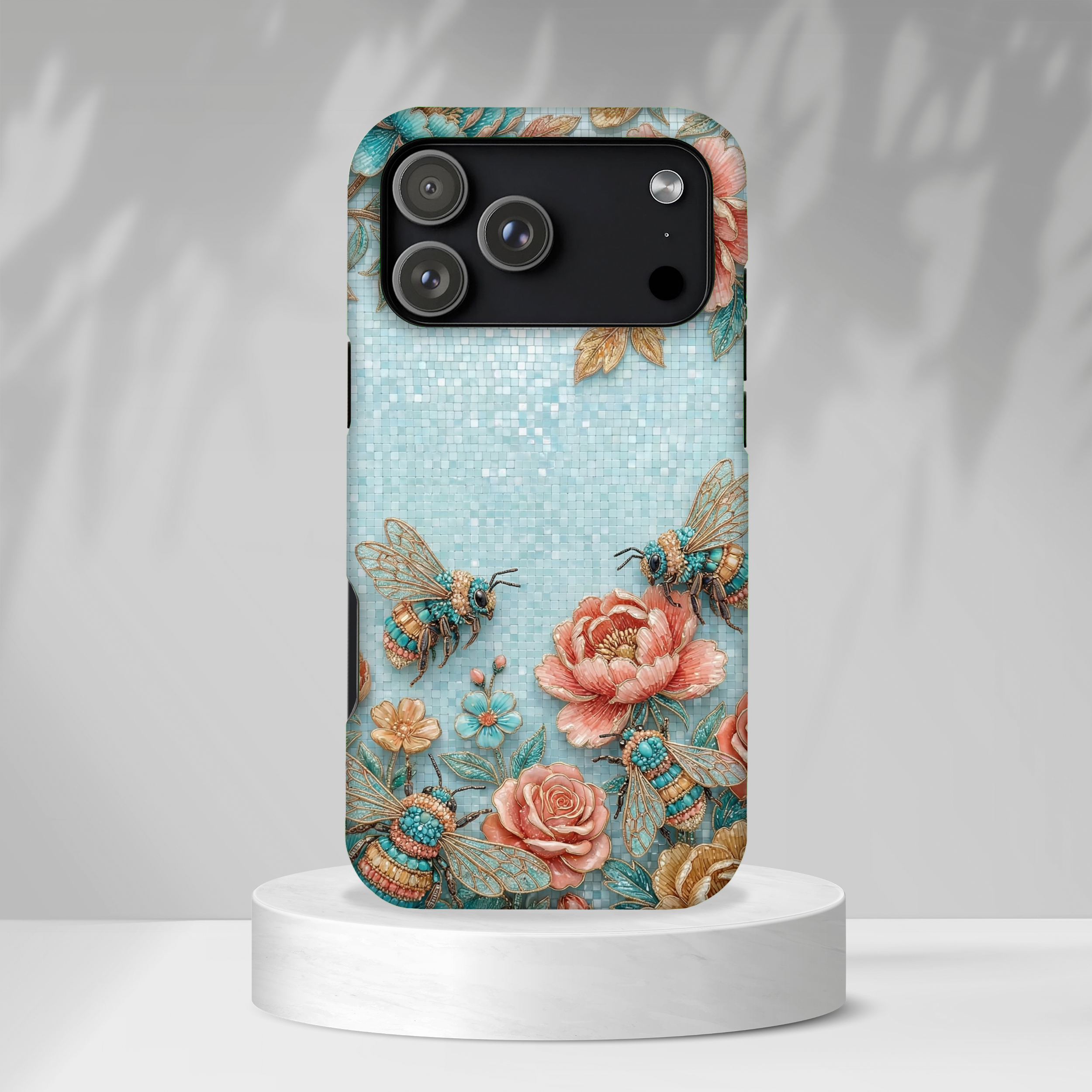 Floral Bees MagSafe iPhone Case | Vintage Rose & Turquoise Protective Cover