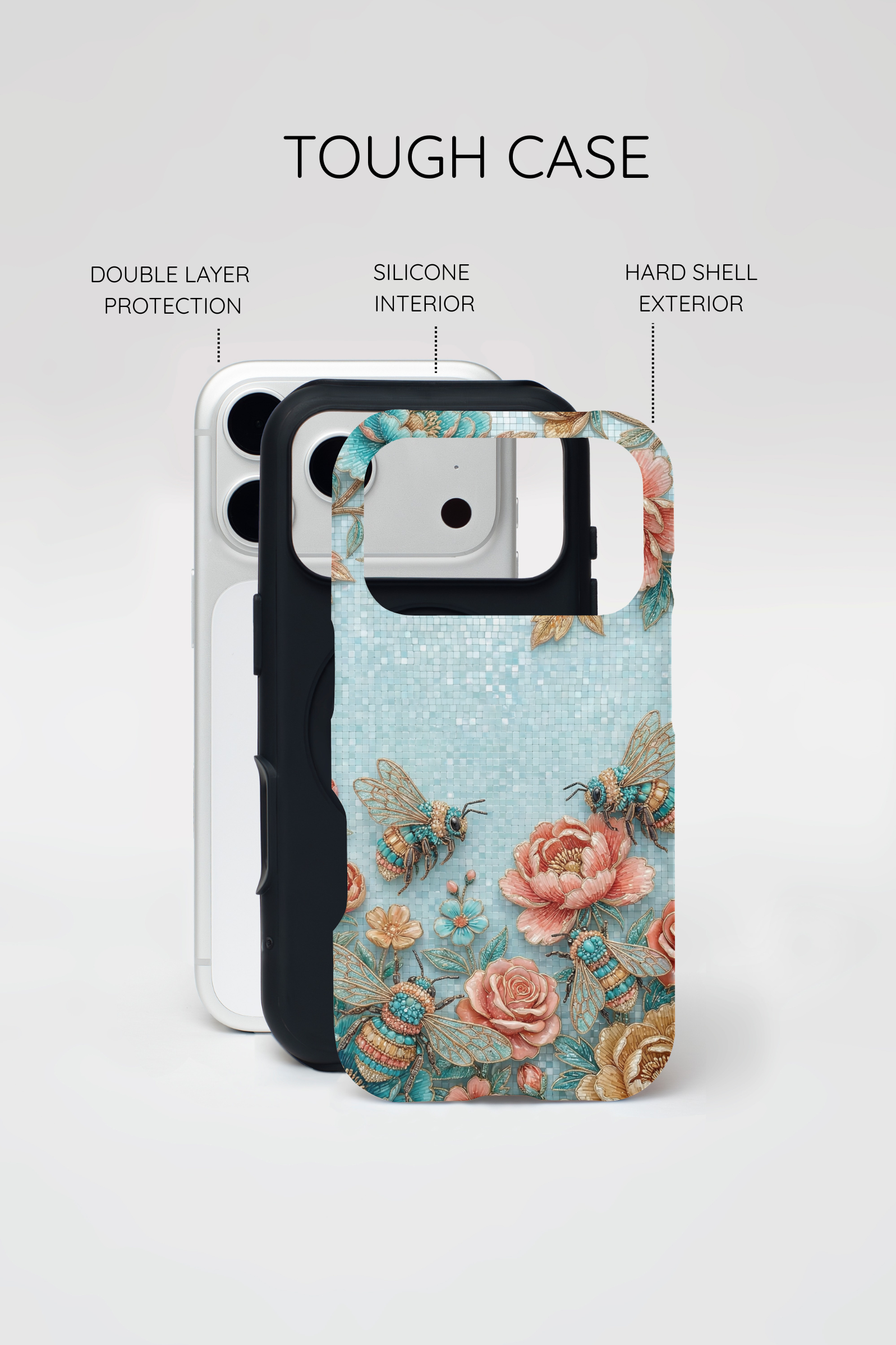 Floral Bees MagSafe iPhone Case | Vintage Rose & Turquoise Protective Cover