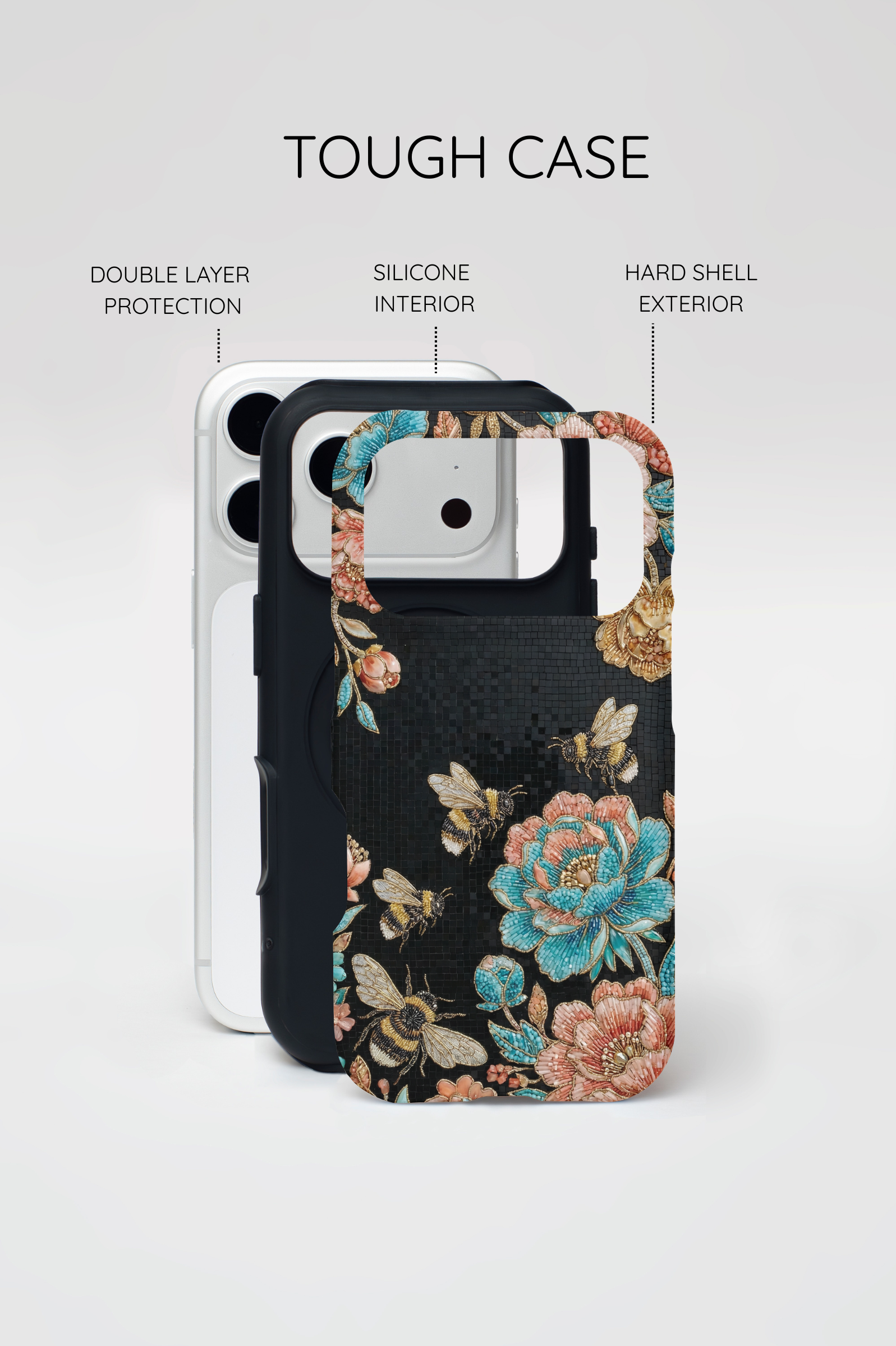 Floral Bees Tough MagSafe iPhone Case | Vintage Rose & Bumblebee Protective Cover
