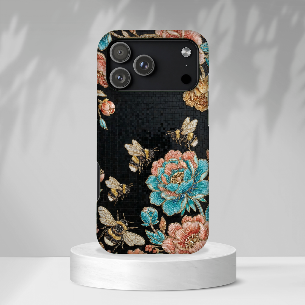 Floral Bees Tough MagSafe iPhone Case | Vintage Rose & Bumblebee Protective Cover