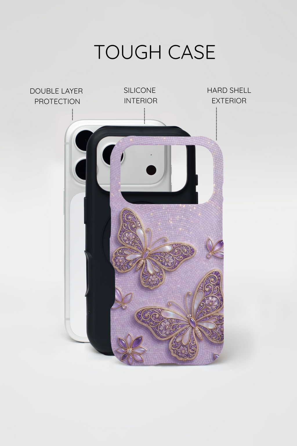 Purple Butterfly Tough MagSafe iPhone Case | Sparkling Floral Protective Cover
