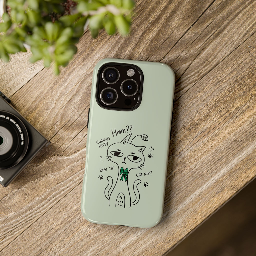 Curious Kitty Phone Case — Cute Cat Illustration with 'Hmm??' Text