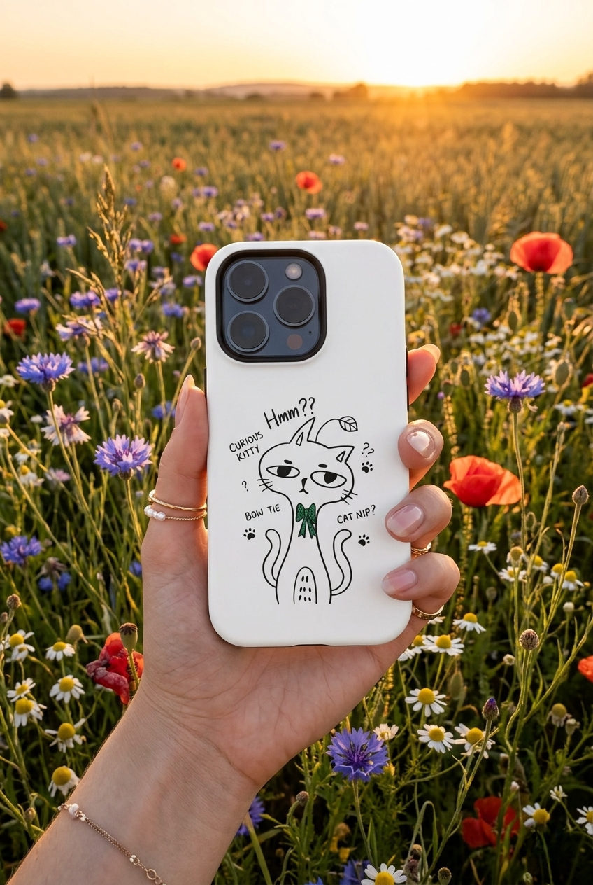 Curious Kitty Phone Case — Cute Cat Illustration with 'Hmm??' Text
