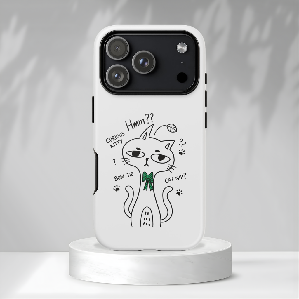 Curious Kitty Phone Case — Cute Cat Illustration with 'Hmm??' Text