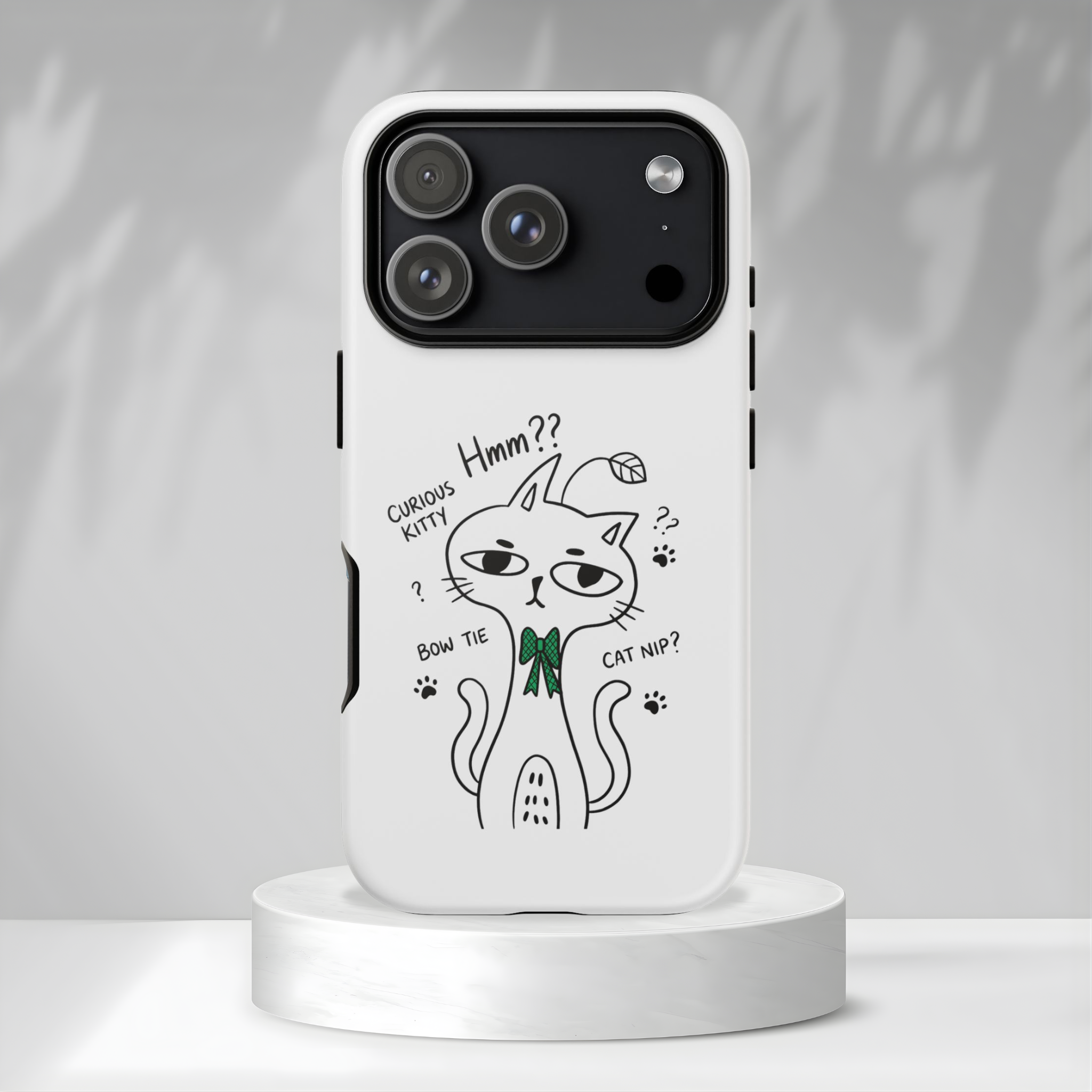 Curious Kitty Phone Case — Cute Cat Illustration with 'Hmm??' Text