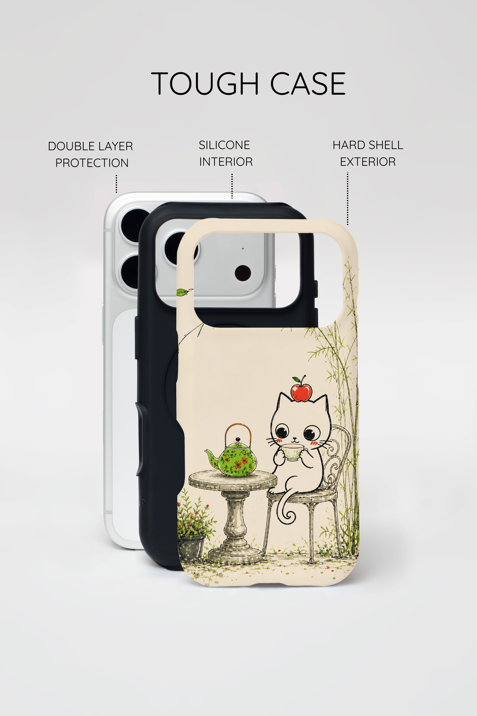 Cute Cat Tea Time MagSafe iPhone Case | Kawaii Kitten with Apple Design