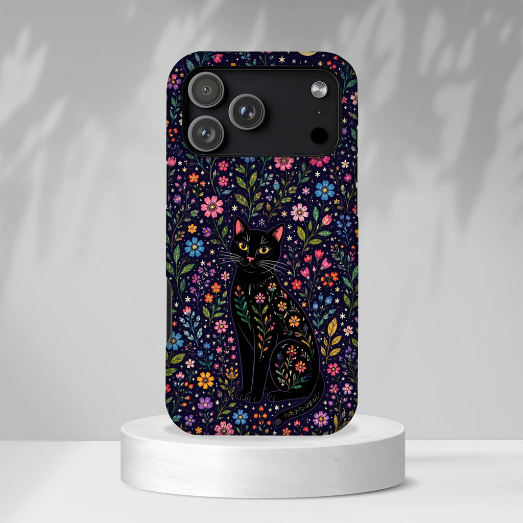 Celestial Black Cat iPhone Case | Whimsigoth Floral