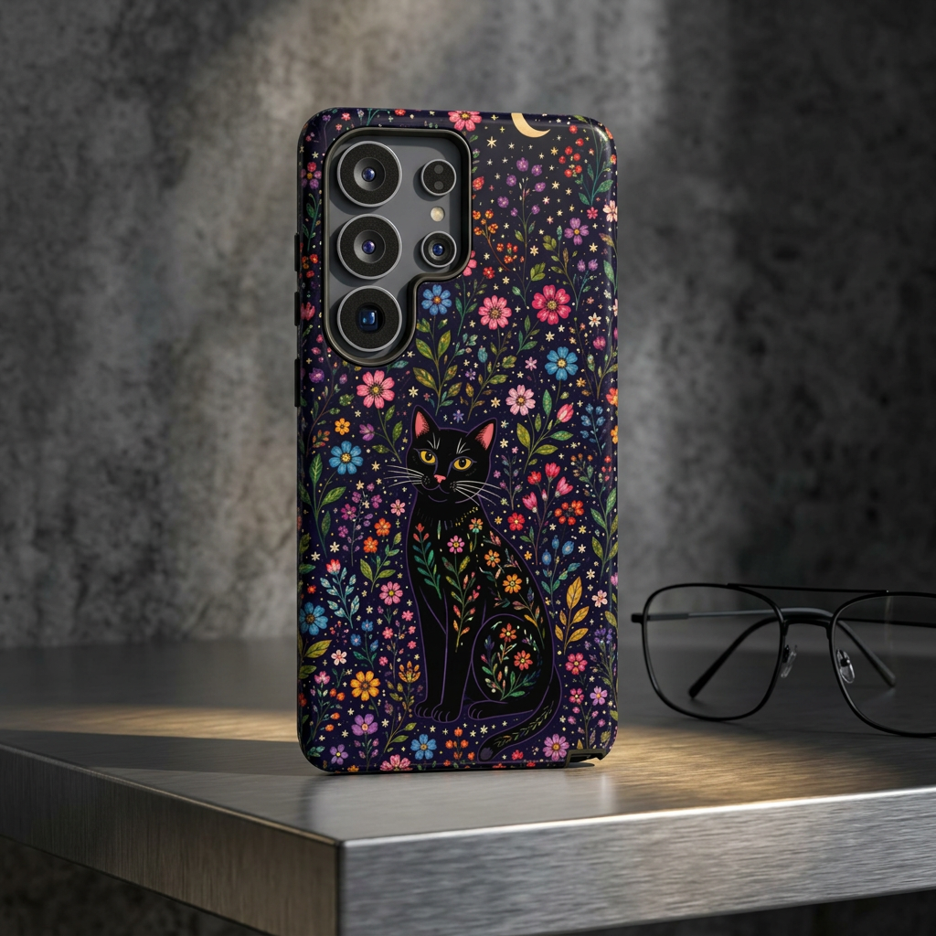 Celestial Black Cat Samsung Galaxy Phone Case | Whimsigoth Floral