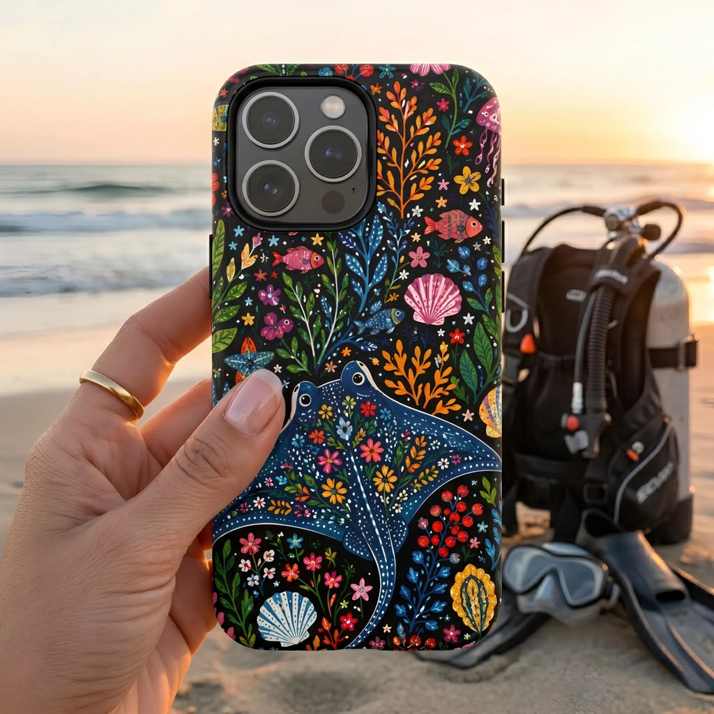 Manta Ray Floral iPhone Case | Colorful Underwater Sea Life Protective Cover