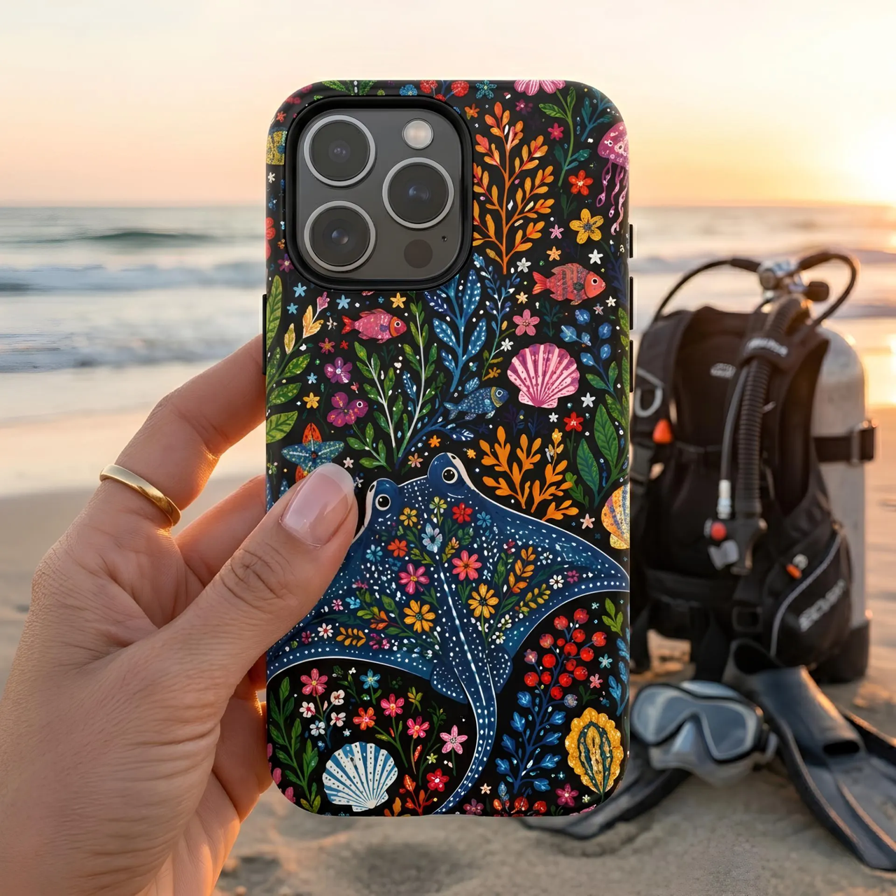 Manta Ray Floral iPhone Case | Colorful Underwater Sea Life Protective Cover