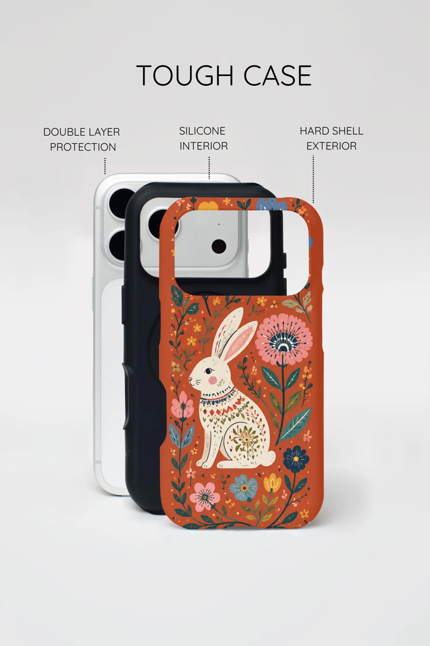 Floral Rabbit Tough iPhone Case | Protective Phone Case with Folk Art Bunny Design