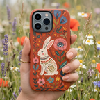 Floral Rabbit Tough iPhone Case | Protective Phone Case with Folk Art Bunny Design