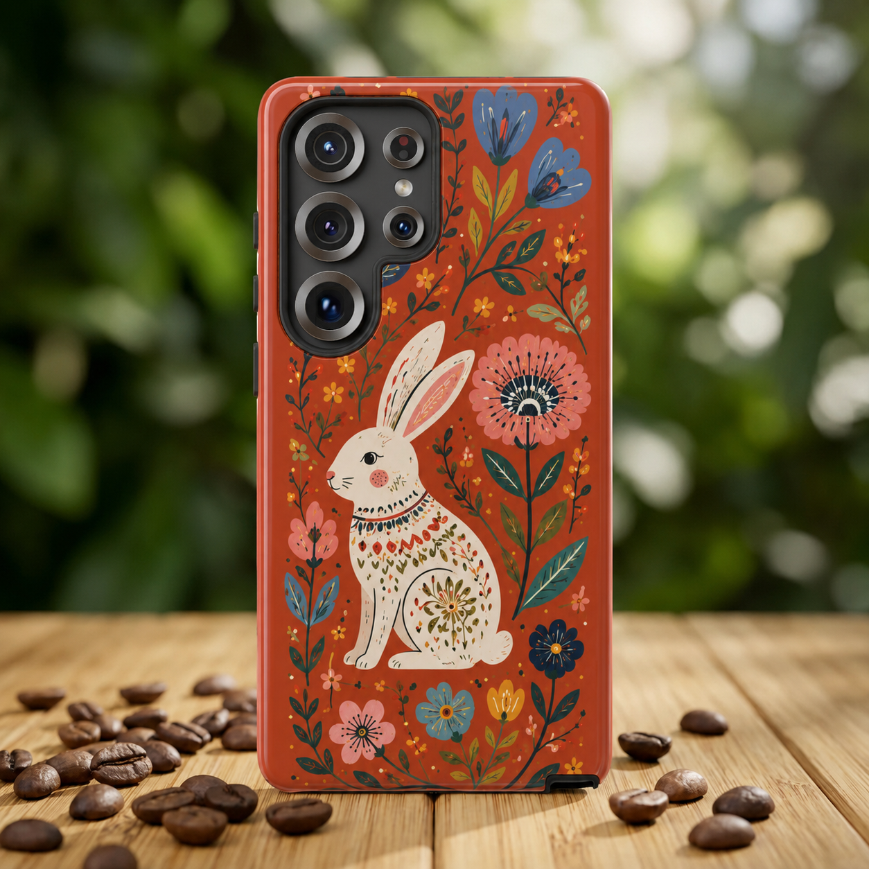 Floral Rabbit Tough Samsung Galaxy Phone Case | Protective Phone Case with Folk Art Bunny Design