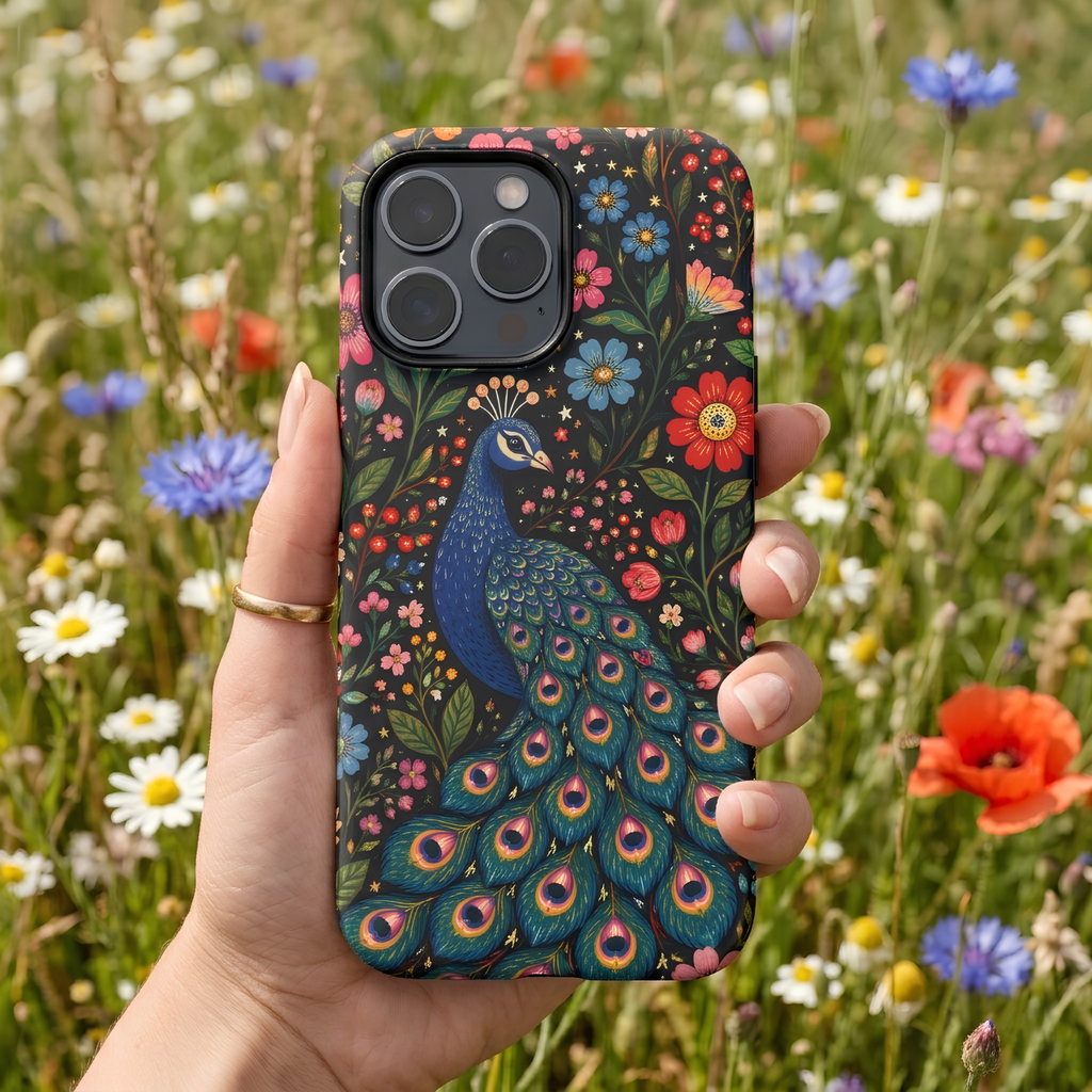 Peacock Floral Tough iPhone Case | Protective Phone Case with Colorful Garden Design