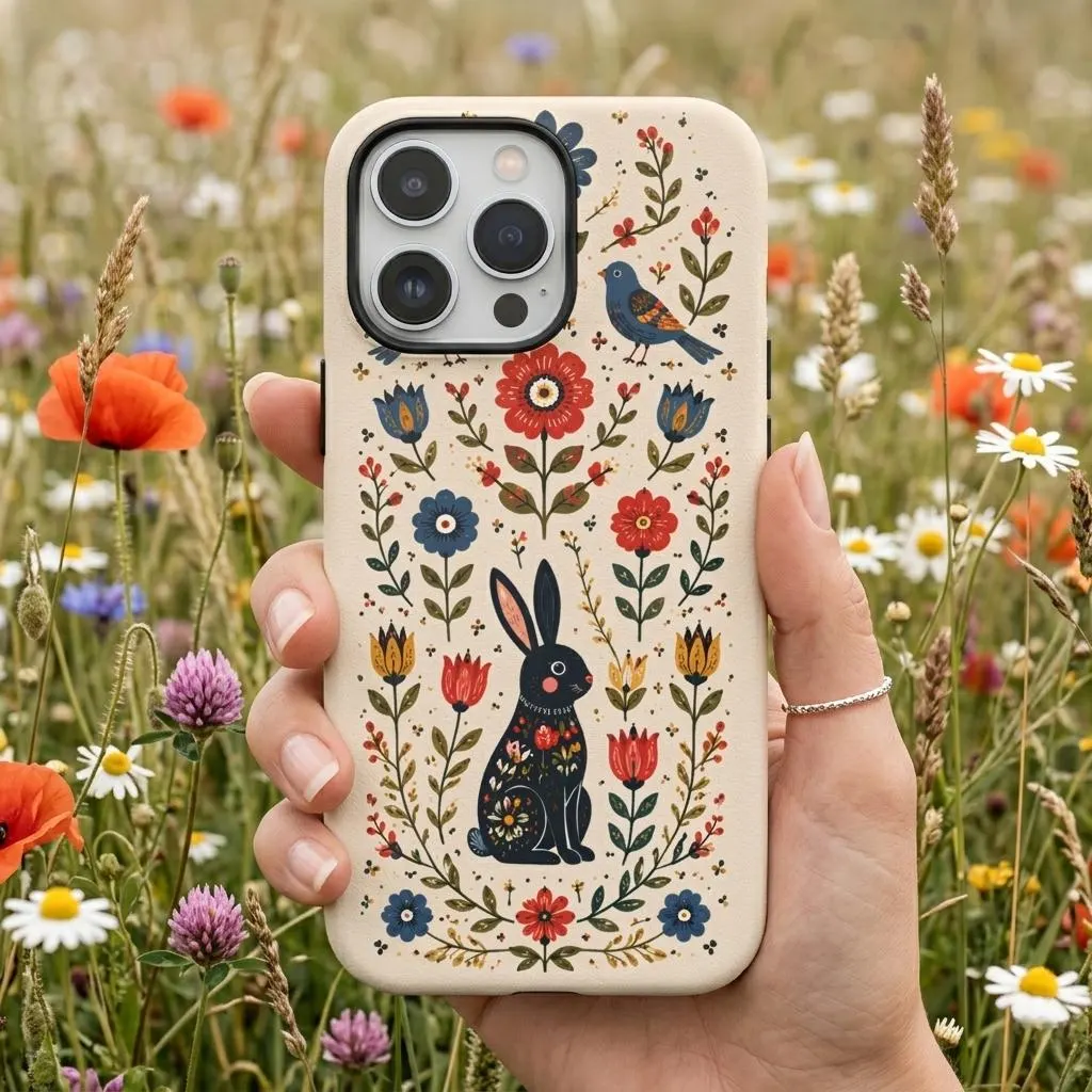 Floral Folk Art Bunny Tough iPhone Case