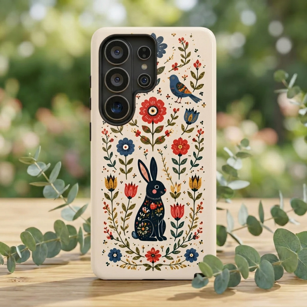 Floral Folk Art Bunny Tough Samsung Galaxy Phone Case