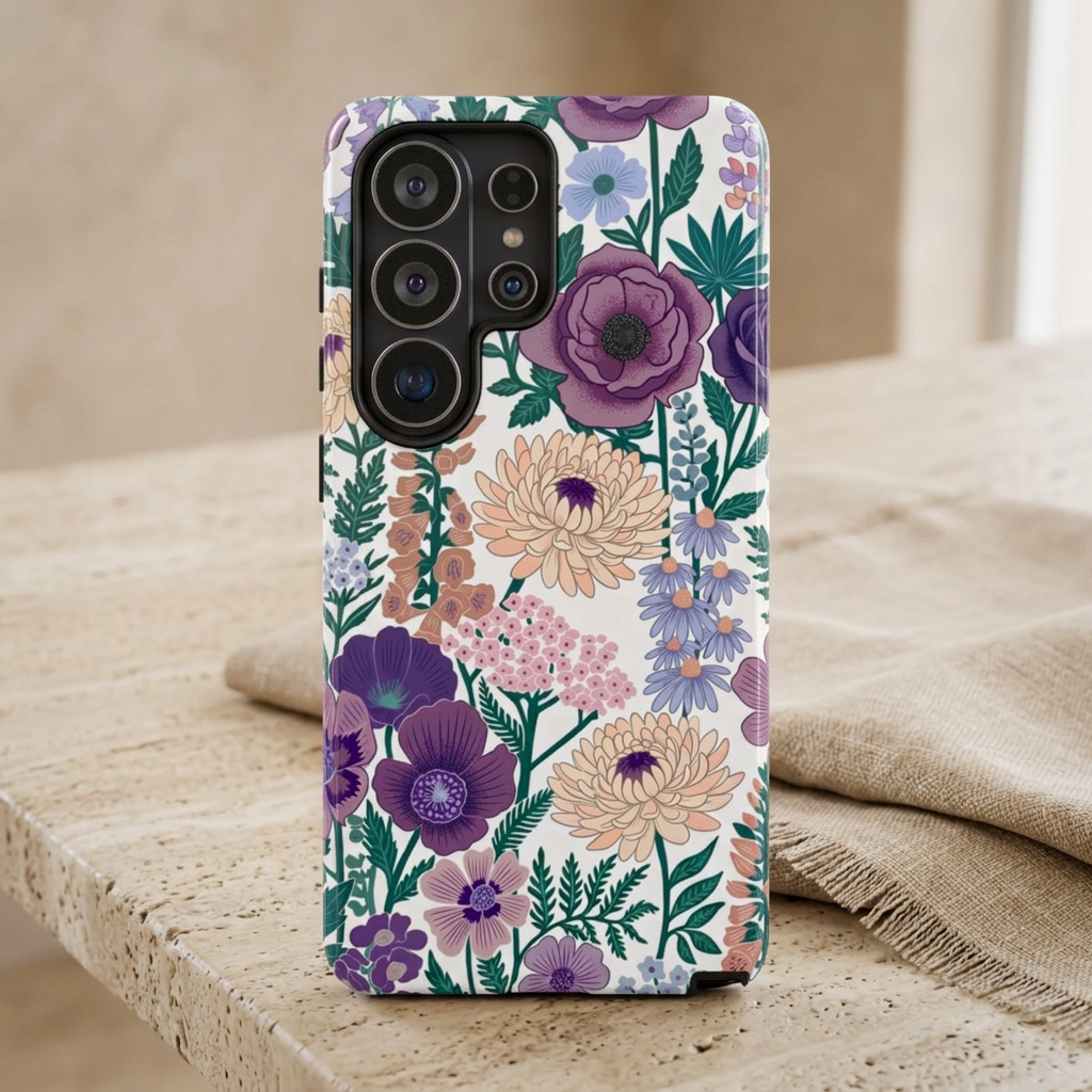 Floral Purple Garden Phone Case — Protective Phone Cover with Lavender & Peach Blooms