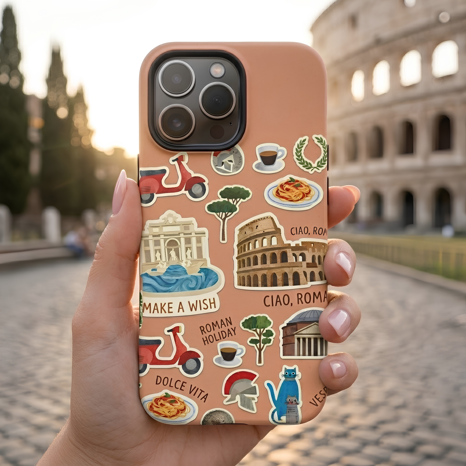 Rome Italy Travel Tough iPhone Case | Terracotta Scrapbook Sticker Cover
