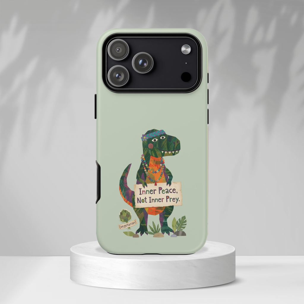 Funny T Rex Tough iPhone Case | Sage Green Inner Peace Dinosaur Cover