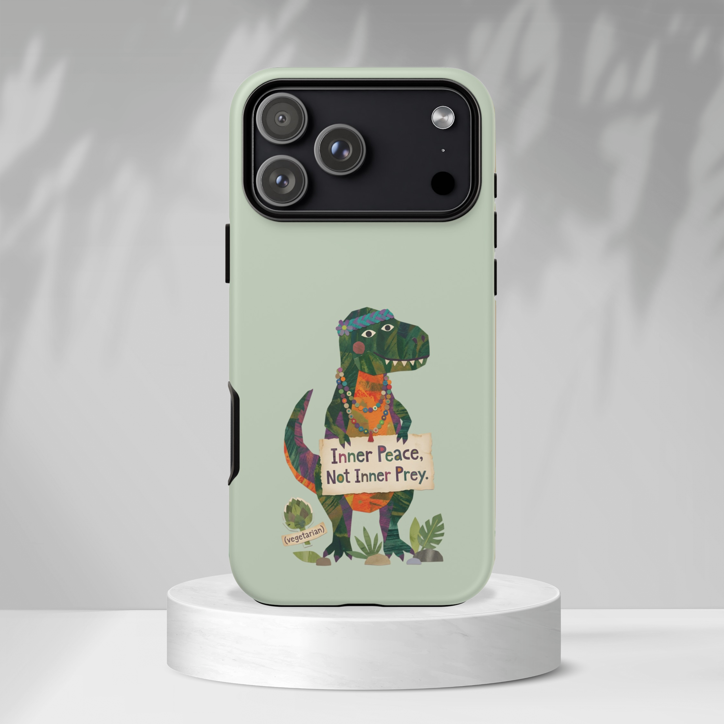 Funny T Rex Tough iPhone Case | Sage Green Inner Peace Dinosaur Cover
