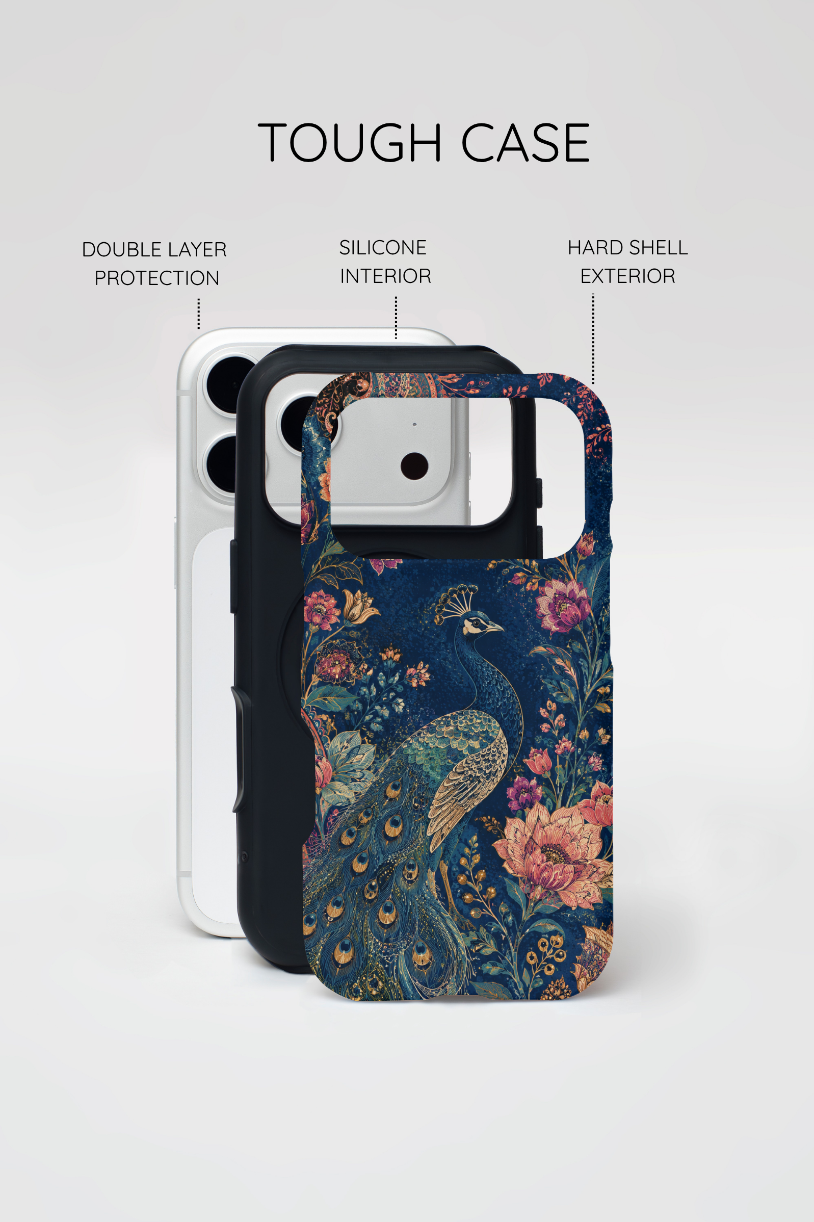Peacock Floral Tough iPhone Case | Antique Indigo Gold Art Cover