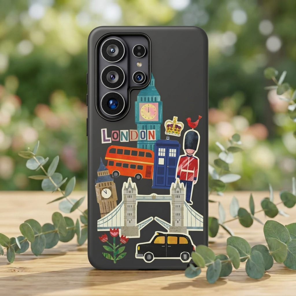 London Travel Samsung Galaxy Phone Case Aesthetic Sticker Collage Cute Retro City Cover