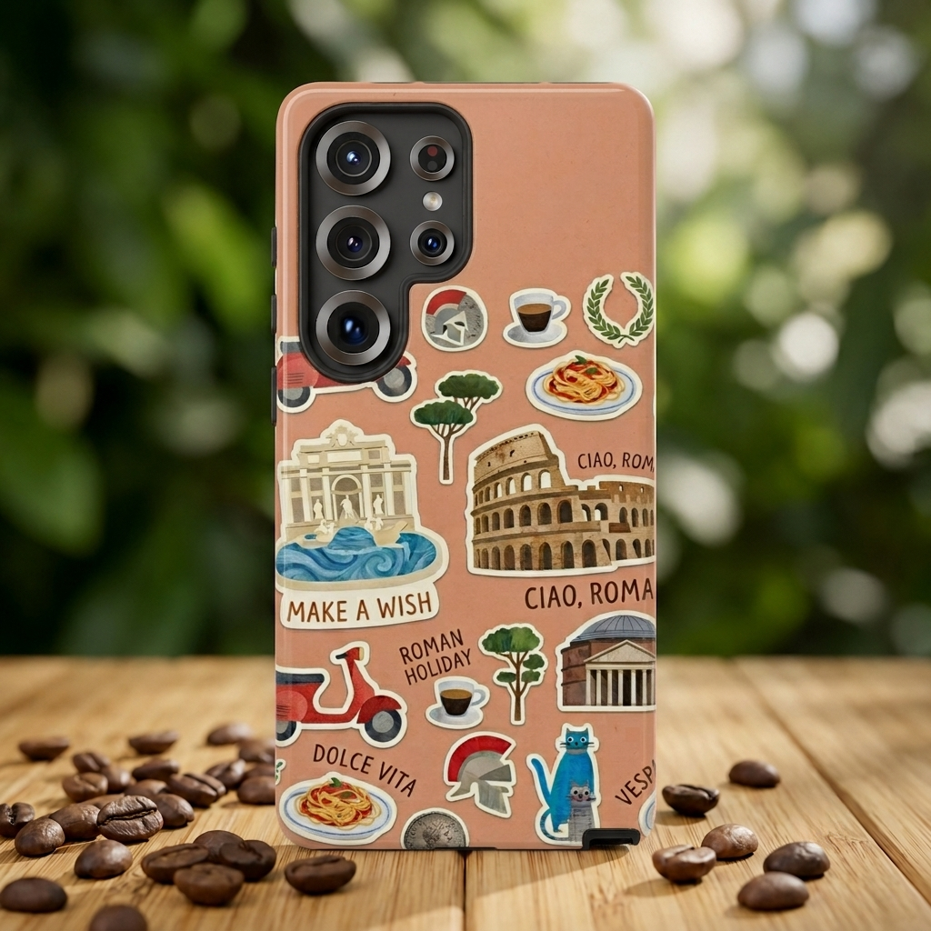 Rome Italy Travel Tough Samsung Galaxy Phone Case | Terracotta Scrapbook Sticker Cover
