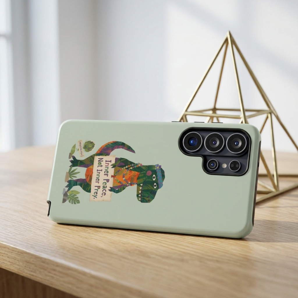 Funny T Rex Tough Samsung Galaxy Phone Case | Sage Green Inner Peace Dinosaur Cover