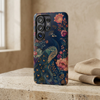 Peacock Floral Tough Samsung Galaxy Phone Case | Antique Indigo Gold Art Cover